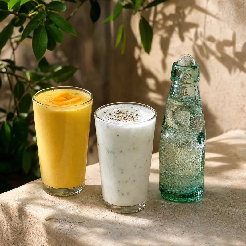 A glass of mango lassi beside a salted lassi topped with cumin and a Goli soda bottle.
