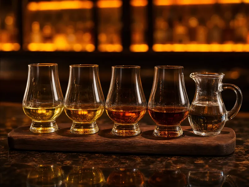 Four tumblers of amber whisky in a tasting flight on a dark wooden bar.