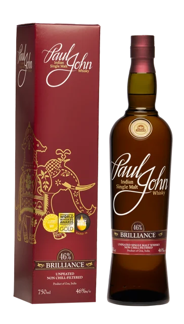 Paul John Brilliance single malt bottle beside its box.